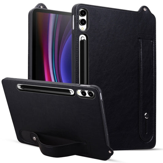 For Samsung Galaxy Tab S10 Ultra/ S11 Ultra TPU Leather Back Tablet Case with Wristband(Black) by buy2fix