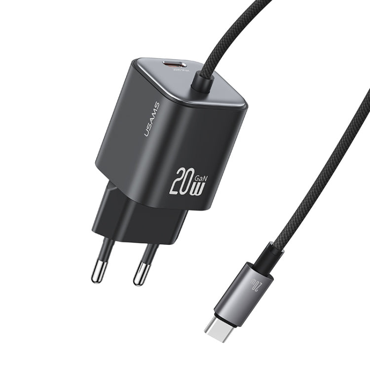 USAMS CC261 20W GaN Mini Type-C / USB-C Dual Port Fast Charger with Cable, EU Plug(Black) - USB Charger by USAMS | Online Shopping UK | buy2fix