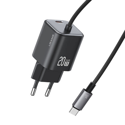 USAMS CC261 20W GaN Mini Type-C / USB-C Dual Port Fast Charger with Cable, EU Plug(Black) - USB Charger by USAMS | Online Shopping UK | buy2fix
