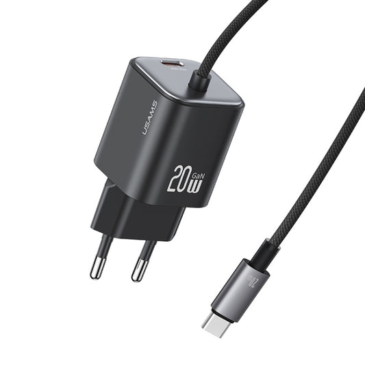 USAMS CC261 20W GaN Mini Type-C / USB-C Dual Port Fast Charger with Cable, EU Plug(Black) - USB Charger by USAMS | Online Shopping UK | buy2fix