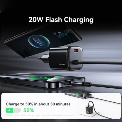 USAMS CC261 20W GaN Mini Type-C / USB-C Dual Port Fast Charger with Cable, EU Plug(Black) - USB Charger by USAMS | Online Shopping UK | buy2fix