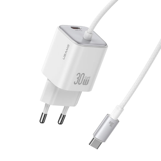 USAMS CC264 30W GaN Mini Type-C / USB-C Dual Port Fast Charger with Cable, EU Plug(White)