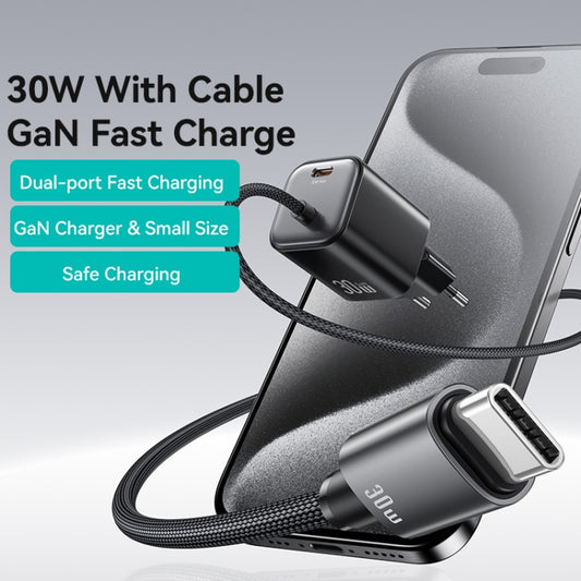 USAMS CC264 30W GaN Mini Type-C / USB-C Dual Port Fast Charger with Cable, EU Plug(Black) - USB Charger by USAMS | Online Shopping UK | buy2fix