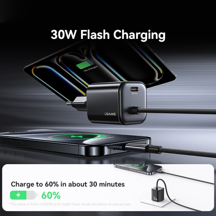 USAMS CC264 30W GaN Mini Type-C / USB-C Dual Port Fast Charger with Cable, EU Plug(Black) - USB Charger by USAMS | Online Shopping UK | buy2fix