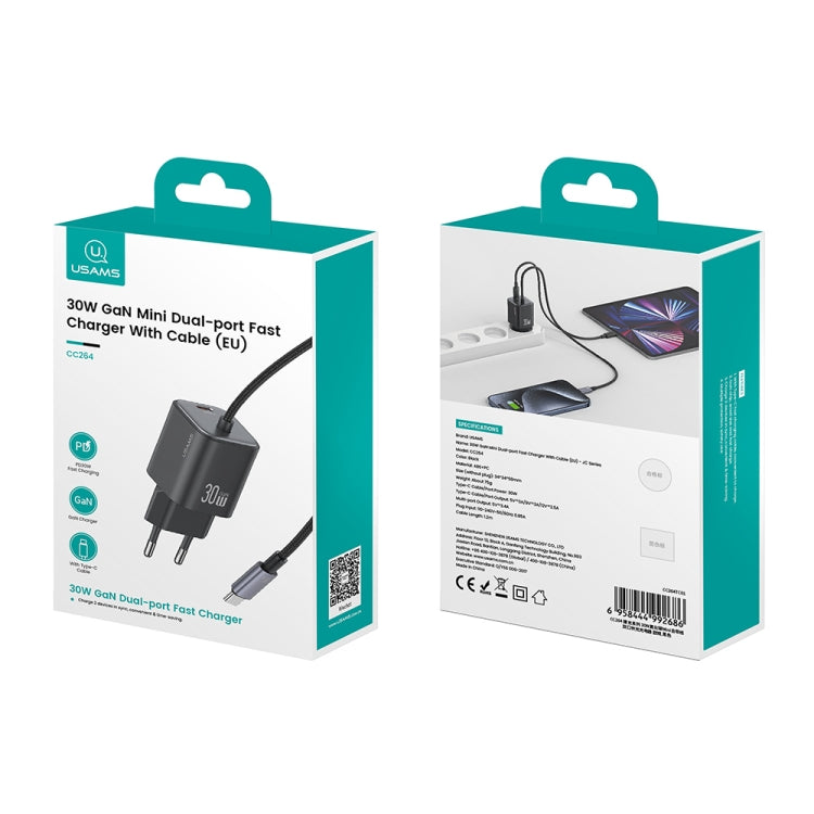 USAMS CC264 30W GaN Mini Type-C / USB-C Dual Port Fast Charger with Cable, EU Plug(Black) - USB Charger by USAMS | Online Shopping UK | buy2fix