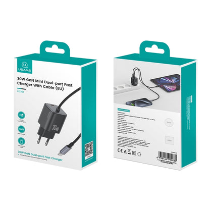USAMS CC264 30W GaN Mini Type-C / USB-C Dual Port Fast Charger with Cable, EU Plug(Black) - USB Charger by USAMS | Online Shopping UK | buy2fix