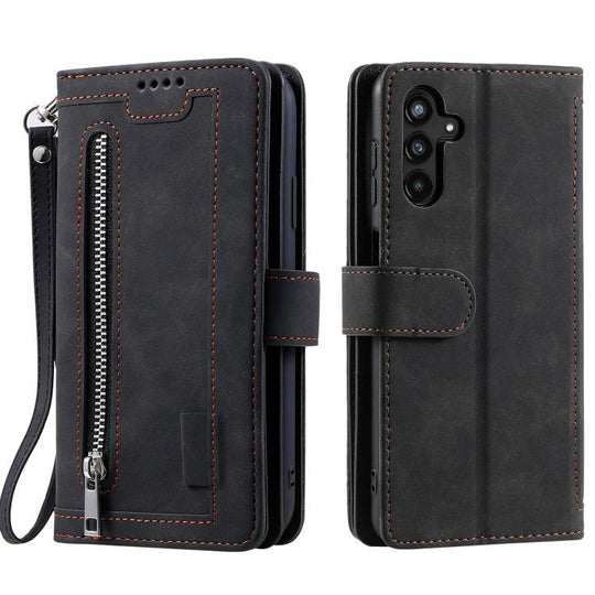 For Samsung Galaxy A17 5G Nine Card Zipper Bag Leather Phone Case with Lanyard(Black)