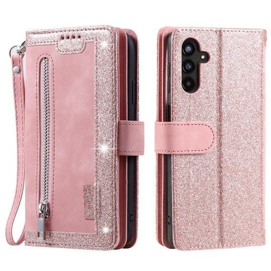 For Samsung Galaxy A17 5G Nine Card Zipper Bag Leather Phone Case with Lanyard(Rose Gold)