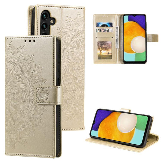 For Samsung Galaxy A57 5G Totem Flower Embossed Leather Phone Case with Lanyard(Gold)