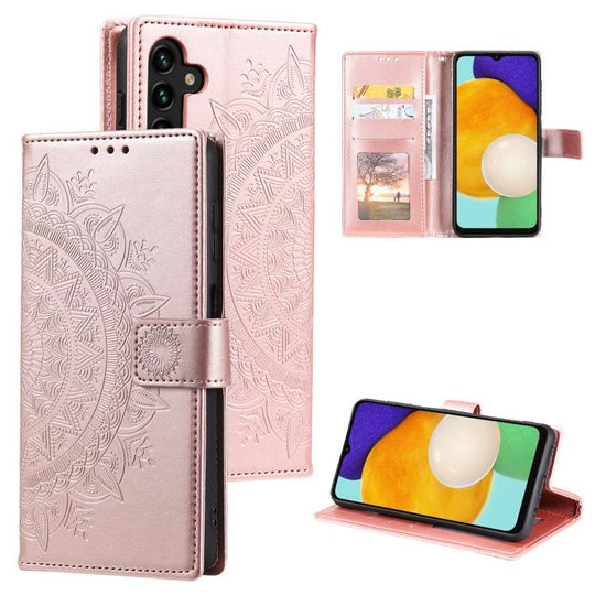 For Samsung Galaxy A57 5G Totem Flower Embossed Leather Phone Case with Lanyard(Rose Gold)