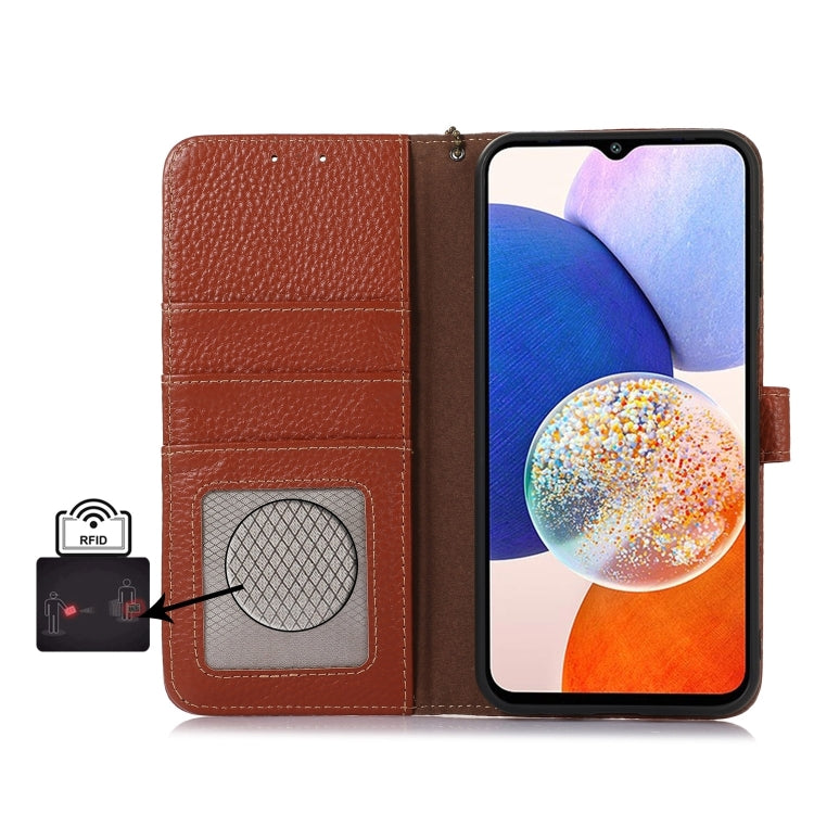 For Samsung Galaxy A36 Genuine Leather Litchi Texture RFID Leather Phone Case(Coffee) - Galaxy Phone Cases by buy2fix | Online Shopping UK | buy2fix