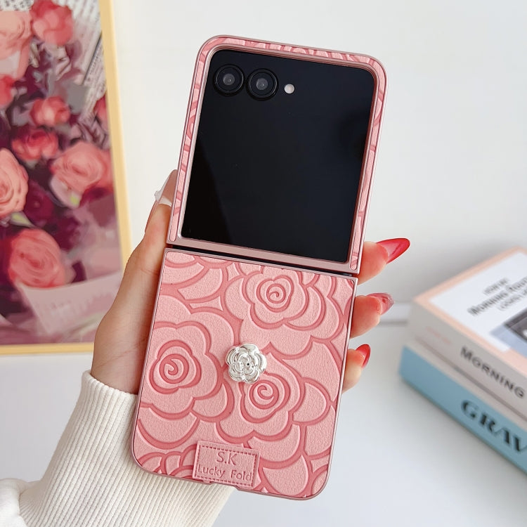 For Motorola Razr 50 / 50 Ultra 3D Camellia Plaid Fabric DIY PC Phone Case(Pink) by buy2fix