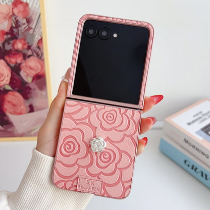 For Motorola Razr 50 / 50 Ultra 3D Camellia Plaid Fabric DIY PC Phone Case(Pink) by buy2fix