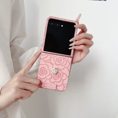 For Motorola Razr 50 / 50 Ultra 3D Camellia Plaid Fabric DIY PC Phone Case(Pink) by buy2fix