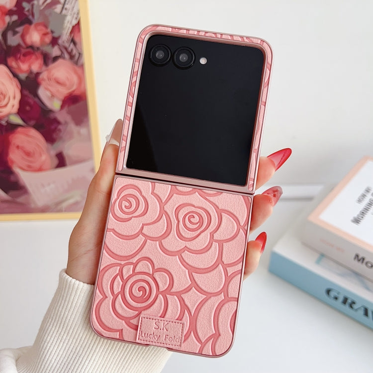 For Motorola Razr 50 / 50 Ultra Camellia Plaid Fabric DIY PC Phone Case(Pink) by buy2fix