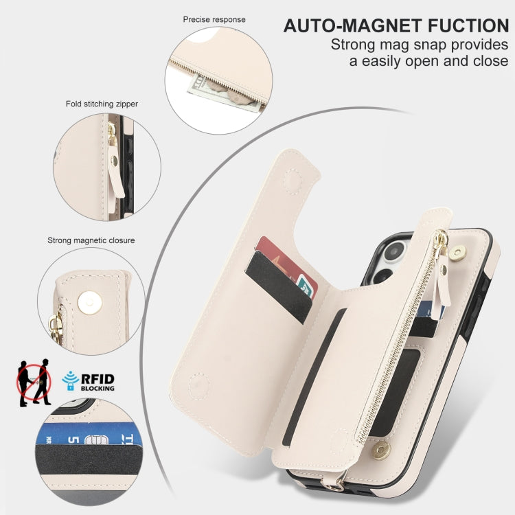For iPhone 16 Pro Max Double Flap Zipper RFID Leather Phone Case with Short Lanyard(White) - iPhone 16 Pro Max Cases by buy2fix | Online Shopping UK | buy2fix