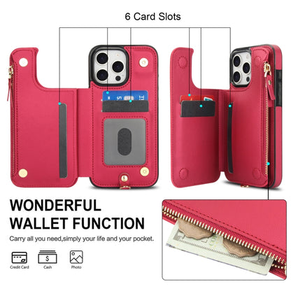 For iPhone 16 Pro Max Double Flap Zipper RFID Leather Phone Case with Short Lanyard(Red) - iPhone 16 Pro Max Cases by buy2fix | Online Shopping UK | buy2fix