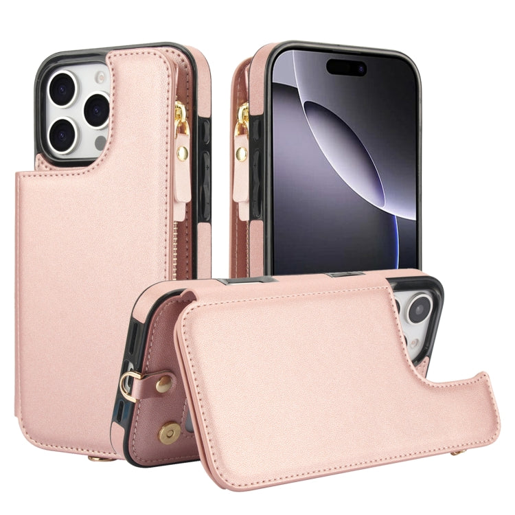 For iPhone 16 Pro Max Double Flap Zipper RFID Leather Phone Case with Short Lanyard(Rose Gold) - iPhone 16 Pro Max Cases by buy2fix | Online Shopping UK | buy2fix