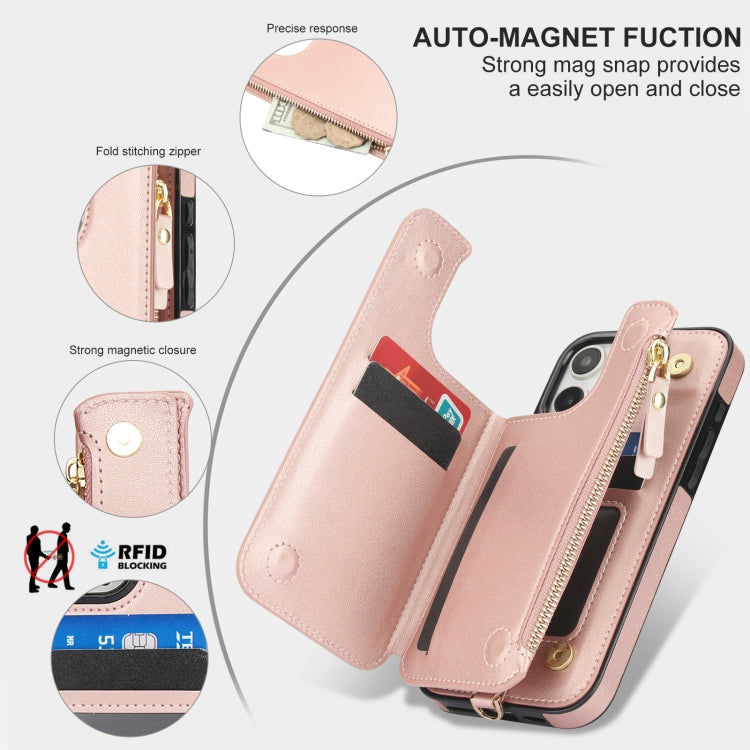 For iPhone 16 Pro Max Double Flap Zipper RFID Leather Phone Case with Short Lanyard(Rose Gold) - iPhone 16 Pro Max Cases by buy2fix | Online Shopping UK | buy2fix