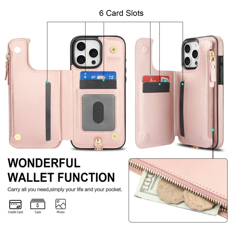 For iPhone 16 Pro Max Double Flap Zipper RFID Leather Phone Case with Short Lanyard(Rose Gold) - iPhone 16 Pro Max Cases by buy2fix | Online Shopping UK | buy2fix