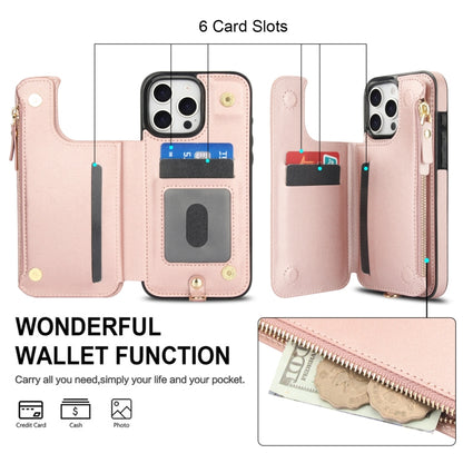 For iPhone 16 Pro Max Double Flap Zipper RFID Leather Phone Case with Short Lanyard(Rose Gold) - iPhone 16 Pro Max Cases by buy2fix | Online Shopping UK | buy2fix