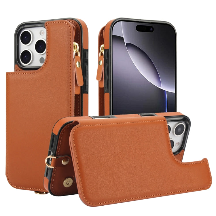 For iPhone 16 Pro Max Double Flap Zipper RFID Leather Phone Case with Short Lanyard(Brown) - iPhone 16 Pro Max Cases by buy2fix | Online Shopping UK | buy2fix