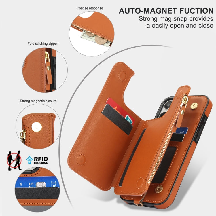 For iPhone 16 Pro Max Double Flap Zipper RFID Leather Phone Case with Short Lanyard(Brown) - iPhone 16 Pro Max Cases by buy2fix | Online Shopping UK | buy2fix