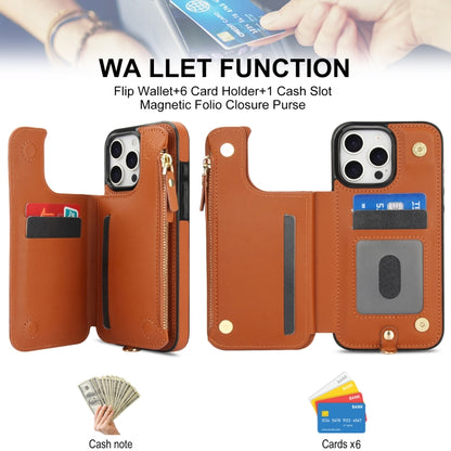 For iPhone 16 Pro Max Double Flap Zipper RFID Leather Phone Case with Short Lanyard(Brown) - iPhone 16 Pro Max Cases by buy2fix | Online Shopping UK | buy2fix
