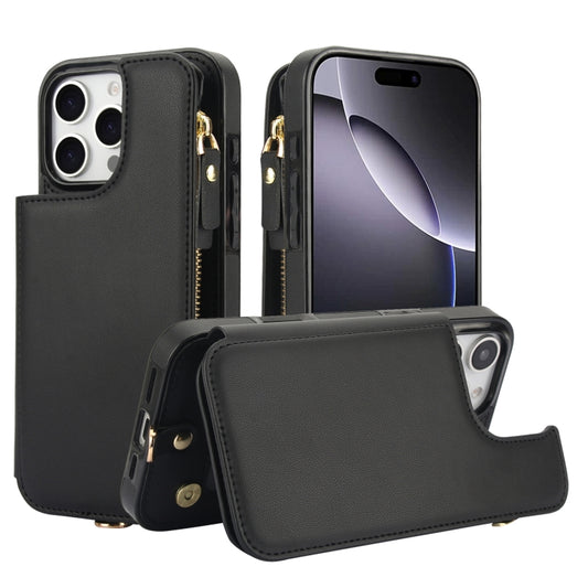 For iPhone 16 Pro Double Flap Zipper RFID Leather Phone Case with Short Lanyard(Black) - iPhone 16 Pro Cases by buy2fix | Online Shopping UK | buy2fix
