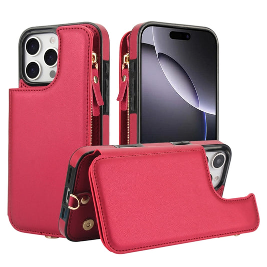 For iPhone 16 Pro Double Flap Zipper RFID Leather Phone Case with Short Lanyard(Red) - iPhone 16 Pro Cases by buy2fix | Online Shopping UK | buy2fix