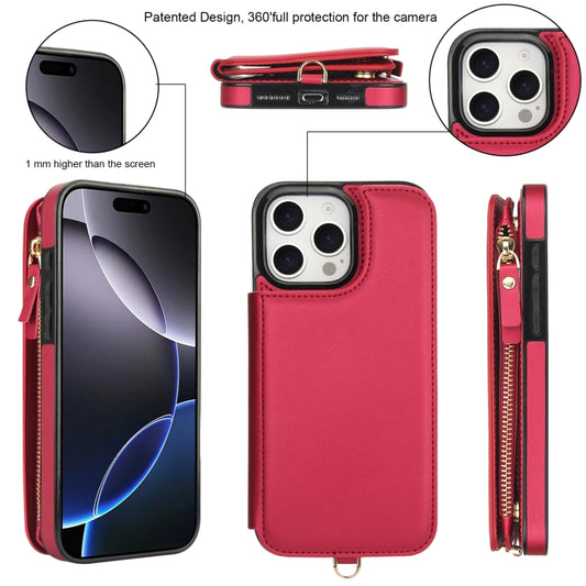 For iPhone 16 Pro Double Flap Zipper RFID Leather Phone Case with Short Lanyard(Red) - iPhone 16 Pro Cases by buy2fix | Online Shopping UK | buy2fix