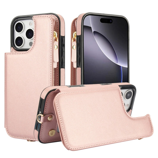 For iPhone 16 Pro Double Flap Zipper RFID Leather Phone Case with Short Lanyard(Rose Gold) - iPhone 16 Pro Cases by buy2fix | Online Shopping UK | buy2fix