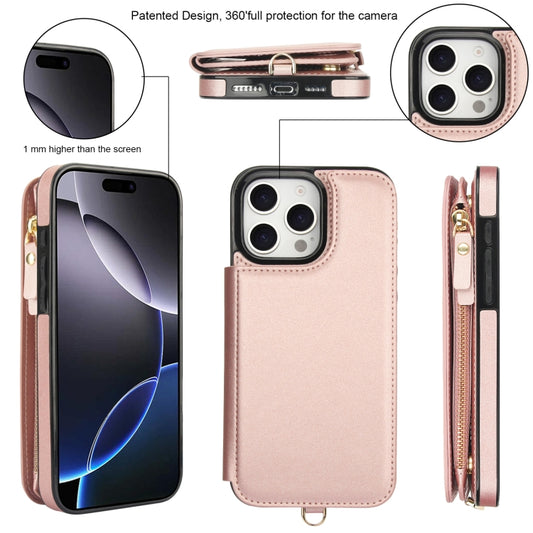 For iPhone 16 Pro Double Flap Zipper RFID Leather Phone Case with Short Lanyard(Rose Gold) - iPhone 16 Pro Cases by buy2fix | Online Shopping UK | buy2fix