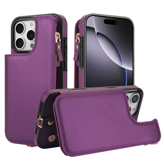 For iPhone 16 Pro Double Flap Zipper RFID Leather Phone Case with Short Lanyard(Dark Purple) - iPhone 16 Pro Cases by buy2fix | Online Shopping UK | buy2fix