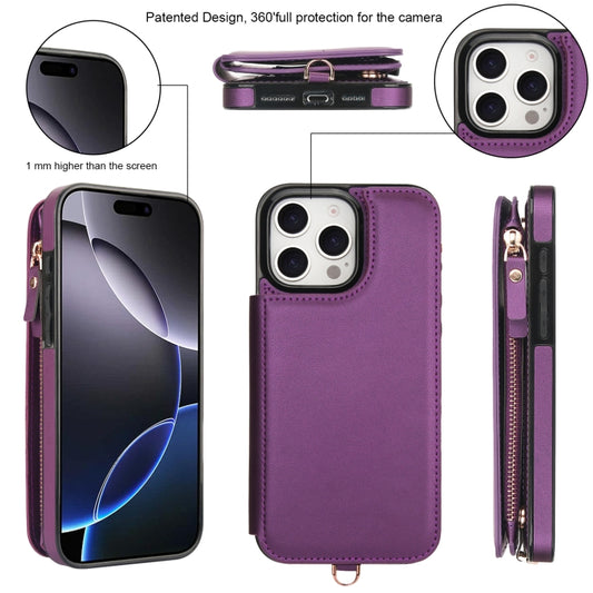 For iPhone 16 Pro Double Flap Zipper RFID Leather Phone Case with Short Lanyard(Dark Purple) - iPhone 16 Pro Cases by buy2fix | Online Shopping UK | buy2fix