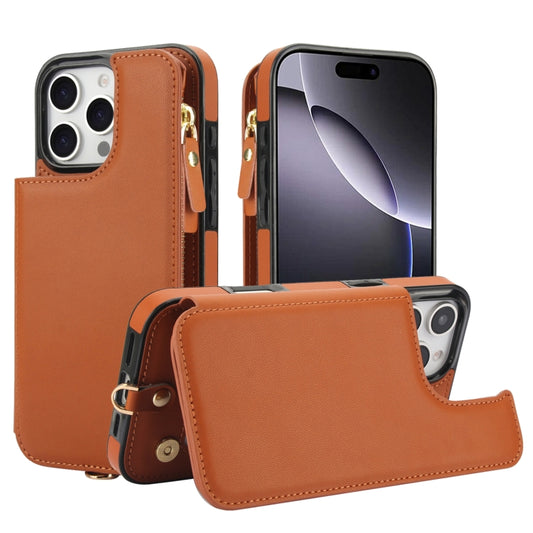 For iPhone 16 Pro Double Flap Zipper RFID Leather Phone Case with Short Lanyard(Brown) - iPhone 16 Pro Cases by buy2fix | Online Shopping UK | buy2fix