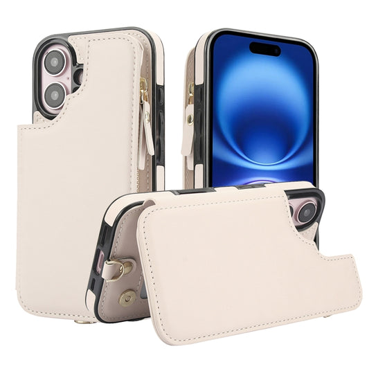 For iPhone 16 Plus Double Flap Zipper RFID Leather Phone Case with Short Lanyard(White) - iPhone 16 Plus Cases by buy2fix | Online Shopping UK | buy2fix