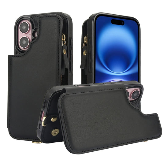 For iPhone 16 Plus Double Flap Zipper RFID Leather Phone Case with Short Lanyard(Black) - iPhone 16 Plus Cases by buy2fix | Online Shopping UK | buy2fix