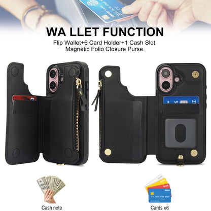 For iPhone 16 Plus Double Flap Zipper RFID Leather Phone Case with Short Lanyard(Black) - iPhone 16 Plus Cases by buy2fix | Online Shopping UK | buy2fix