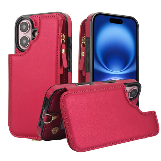 For iPhone 16 Plus Double Flap Zipper RFID Leather Phone Case with Short Lanyard(Red) - iPhone 16 Plus Cases by buy2fix | Online Shopping UK | buy2fix