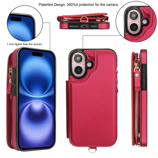 For iPhone 16 Plus Double Flap Zipper RFID Leather Phone Case with Short Lanyard(Red) - iPhone 16 Plus Cases by buy2fix | Online Shopping UK | buy2fix