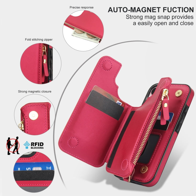 For iPhone 16 Plus Double Flap Zipper RFID Leather Phone Case with Short Lanyard(Red) - iPhone 16 Plus Cases by buy2fix | Online Shopping UK | buy2fix