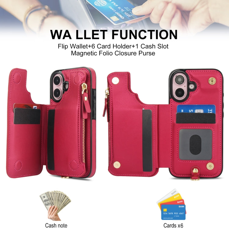 For iPhone 16 Plus Double Flap Zipper RFID Leather Phone Case with Short Lanyard(Red) - iPhone 16 Plus Cases by buy2fix | Online Shopping UK | buy2fix