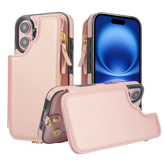 For iPhone 16 Plus Double Flap Zipper RFID Leather Phone Case with Short Lanyard(Rose Gold) - iPhone 16 Plus Cases by buy2fix | Online Shopping UK | buy2fix