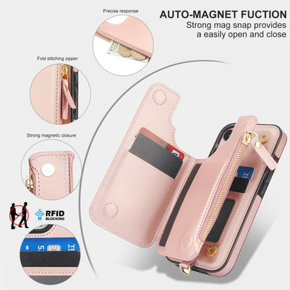 For iPhone 16 Plus Double Flap Zipper RFID Leather Phone Case with Short Lanyard(Rose Gold) - iPhone 16 Plus Cases by buy2fix | Online Shopping UK | buy2fix