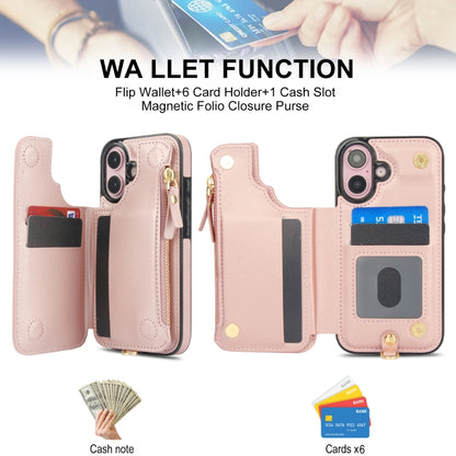 For iPhone 16 Plus Double Flap Zipper RFID Leather Phone Case with Short Lanyard(Rose Gold) - iPhone 16 Plus Cases by buy2fix | Online Shopping UK | buy2fix