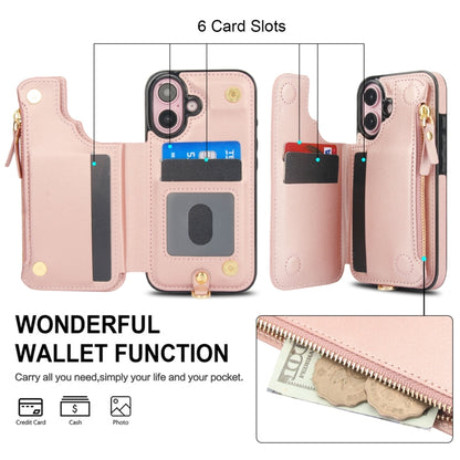 For iPhone 16 Plus Double Flap Zipper RFID Leather Phone Case with Short Lanyard(Rose Gold) - iPhone 16 Plus Cases by buy2fix | Online Shopping UK | buy2fix
