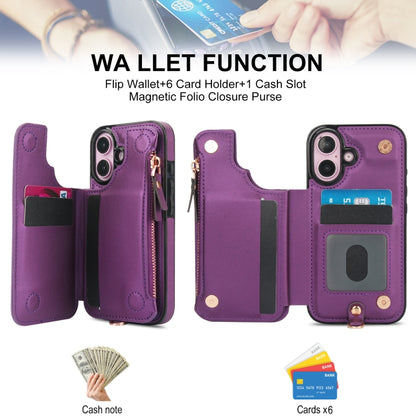 For iPhone 16 Plus Double Flap Zipper RFID Leather Phone Case with Short Lanyard(Dark Purple) - iPhone 16 Plus Cases by buy2fix | Online Shopping UK | buy2fix
