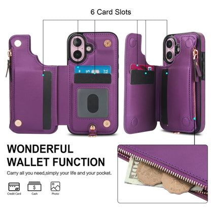 For iPhone 16 Plus Double Flap Zipper RFID Leather Phone Case with Short Lanyard(Dark Purple) - iPhone 16 Plus Cases by buy2fix | Online Shopping UK | buy2fix