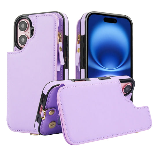 For iPhone 16 Plus Double Flap Zipper RFID Leather Phone Case with Short Lanyard(Light Purple) - iPhone 16 Plus Cases by buy2fix | Online Shopping UK | buy2fix